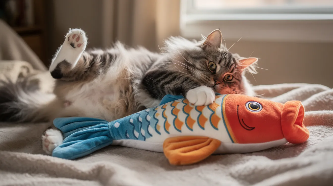A fluffy cat lies on its side, playfully hugging and kicking a large fish-shaped plush cat kicker toy with its back legs, showcasing its love for fun and mental stimulation. The soft fabric of the toy adds to the enjoyment, making it a favorite among cat owners and a perfect addition to any cat's life.