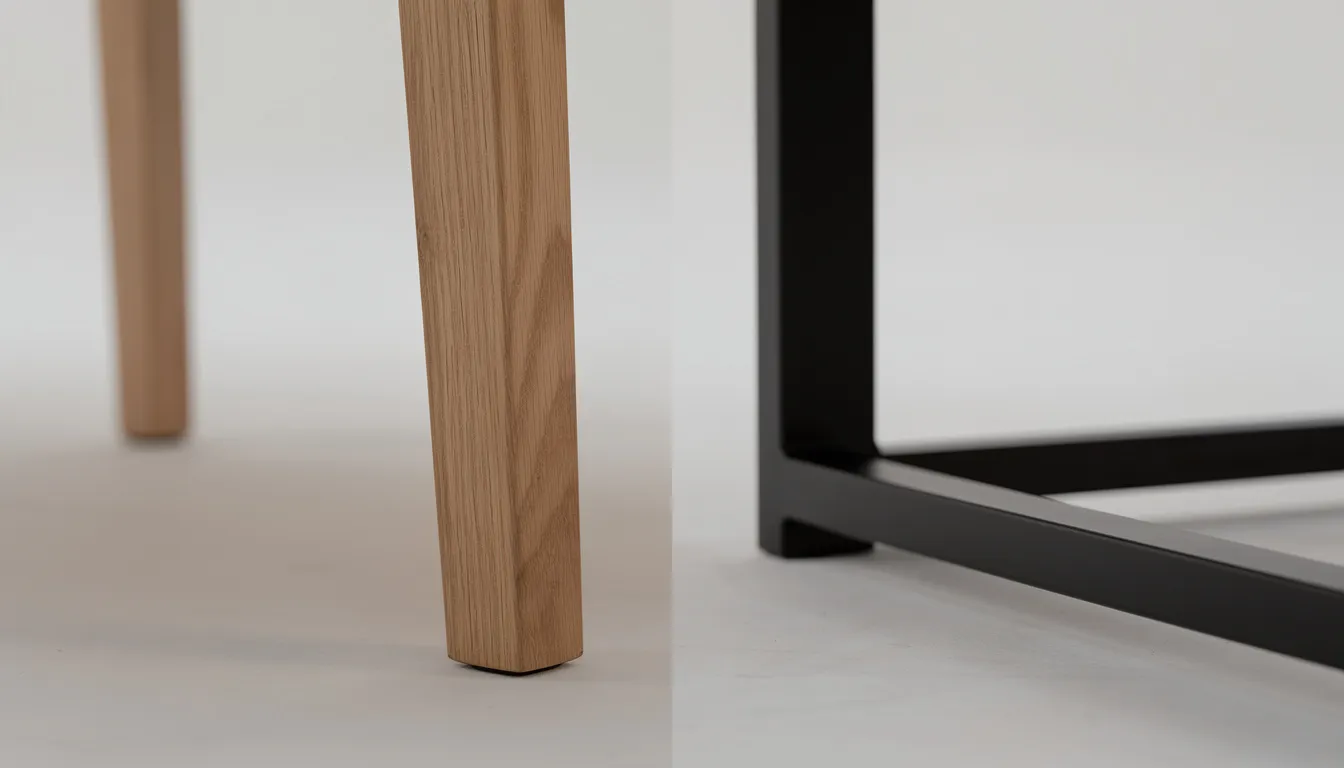 Close-up van verschillende onderstellen van design eetkamerstoelen, waaronder massief eiken houten poten en een zwart metalen frame, die zowel een natuurlijke uitstraling als een moderne, industriële stijl uitstralen. Deze hoogwaardige materialen bieden een perfecte basis voor diverse modellen in onze uitgebreide collectie design eetkamerstoelen.