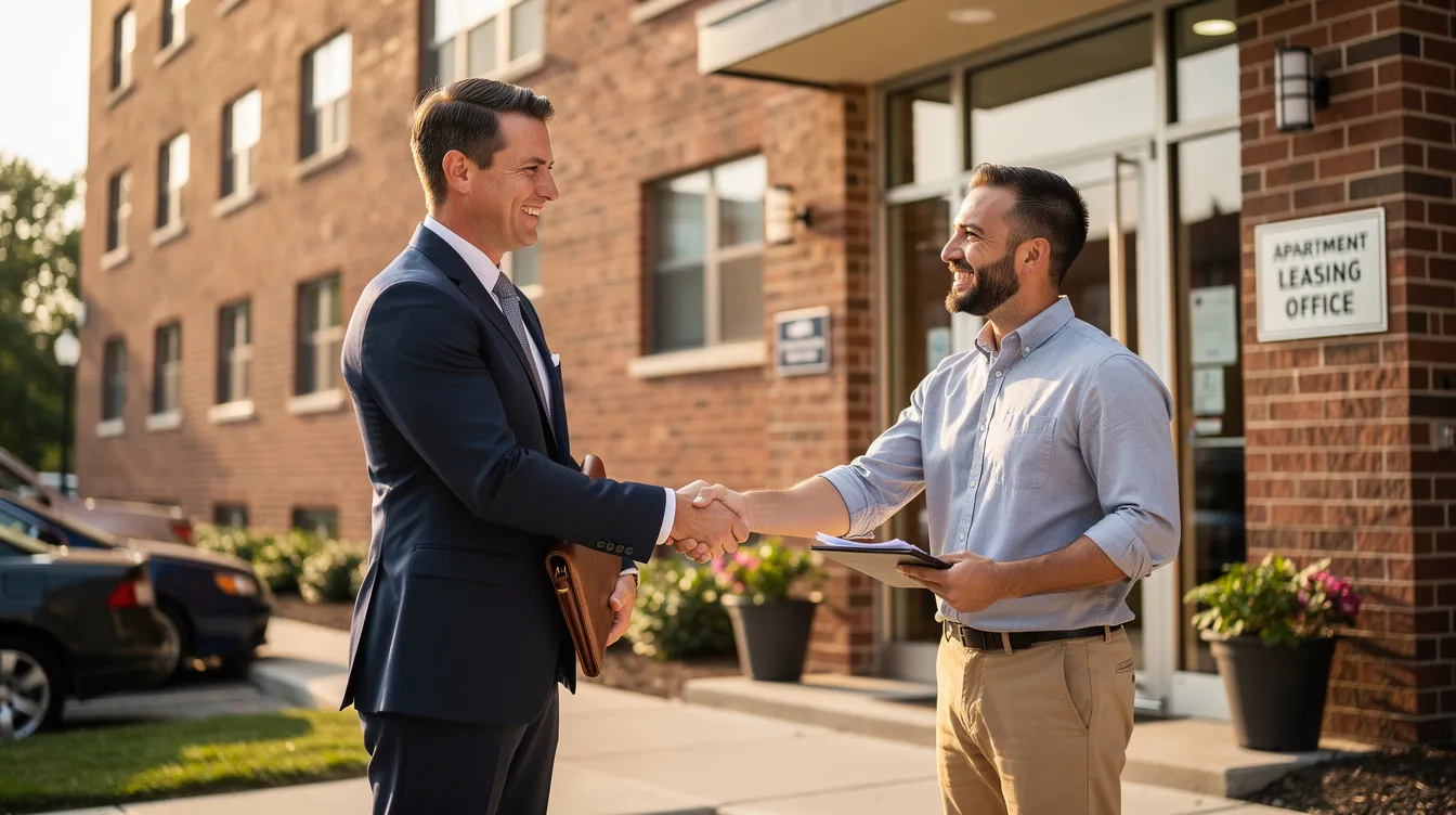 The image shows an investor and a seller shaking hands outside a brick apartment building, symbolizing the agreement on a property sale. This moment often involves discussions about earnest money deposits and other aspects of the homebuying process, such as the total purchase price and closing costs.