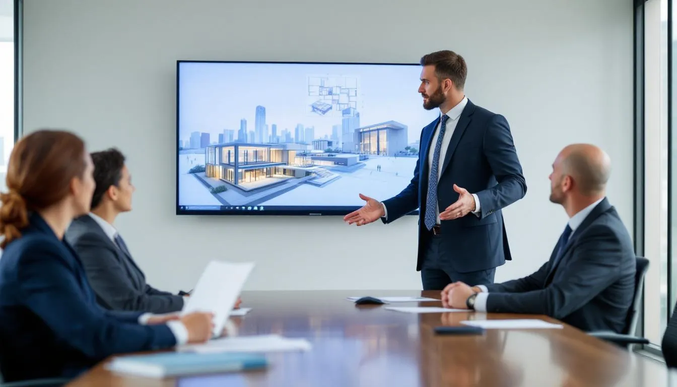 An architect presents a project to clients around a conference table, highlighting the importance of practical experience and ethical behavior in the architecture industry. The team engages in a collaborative discussion, emphasizing the skills and knowledge necessary for successful project management.