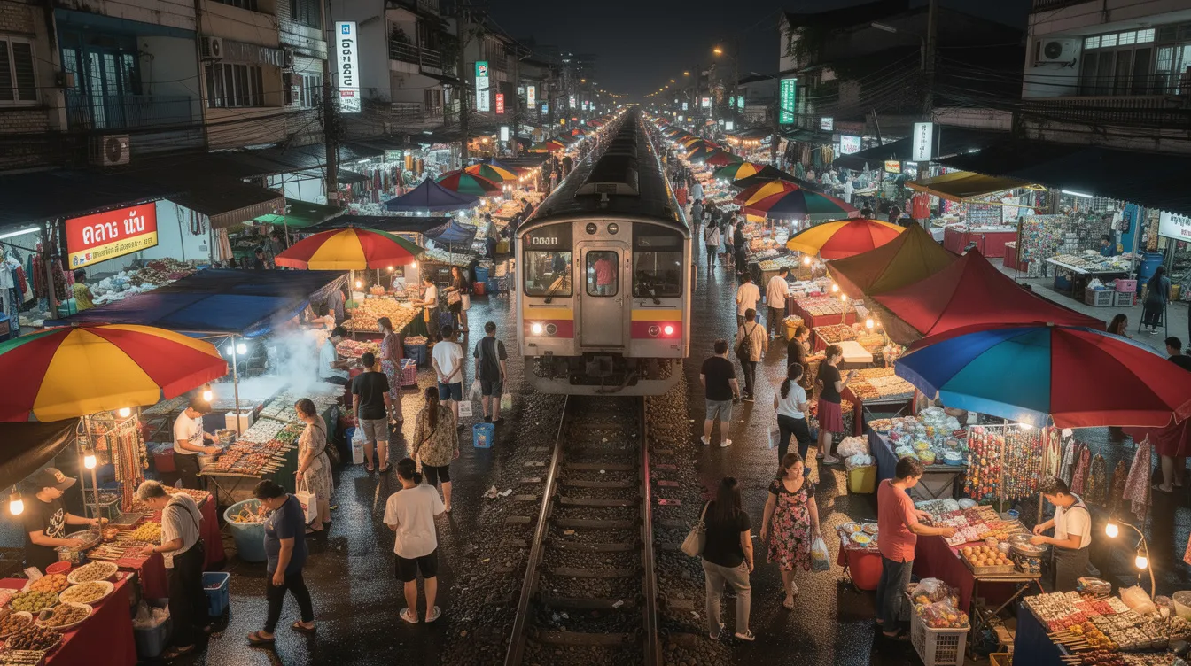 A imagem mostra o movimentado mercado de trem em Bangkok, Tailândia, onde vendedores oferecem produtos frescos e artesanatos enquanto um trem passa rapidamente. O cenário vibrante reflete a cultura tailandesa e a vida cotidiana da cidade, atraindo tanto turistas quanto locais.