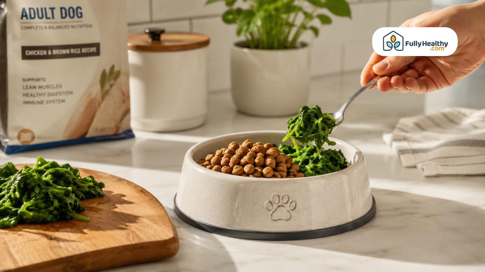 Adding cooked spinach to dog food bowl on kitchen counter
