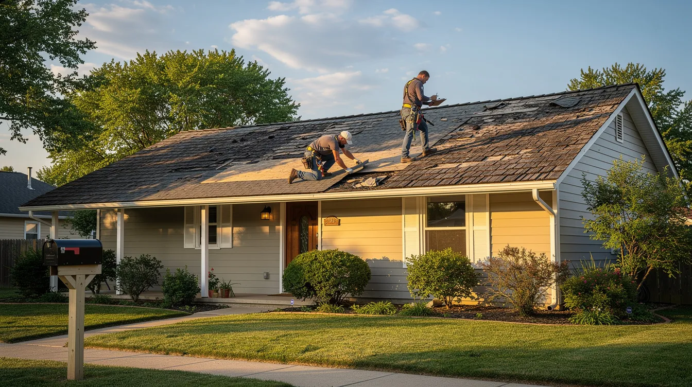 A team of roofers is conducting a detailed inspection of the shingles on an older Lakewood-style home, assessing the existing roof for any potential storm damage or leaks. This thorough evaluation is part of their expert roofing services to ensure quality and long-term protection for Lakewood homeowners.