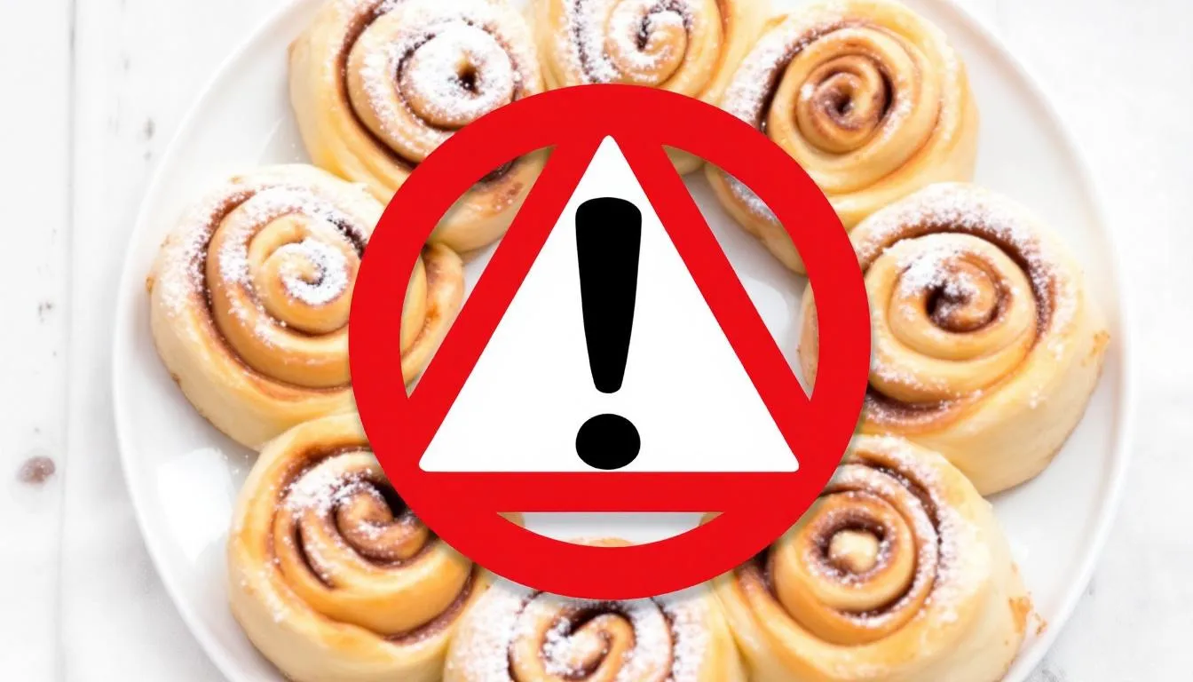 A plate of cinnamon rolls sits prominently, accompanied by a warning symbol, highlighting the message that cinnamon can be toxic to dogs. The image serves as a reminder for pet parents to be cautious about foods like cinnamon rolls, which should be avoided in a dog
