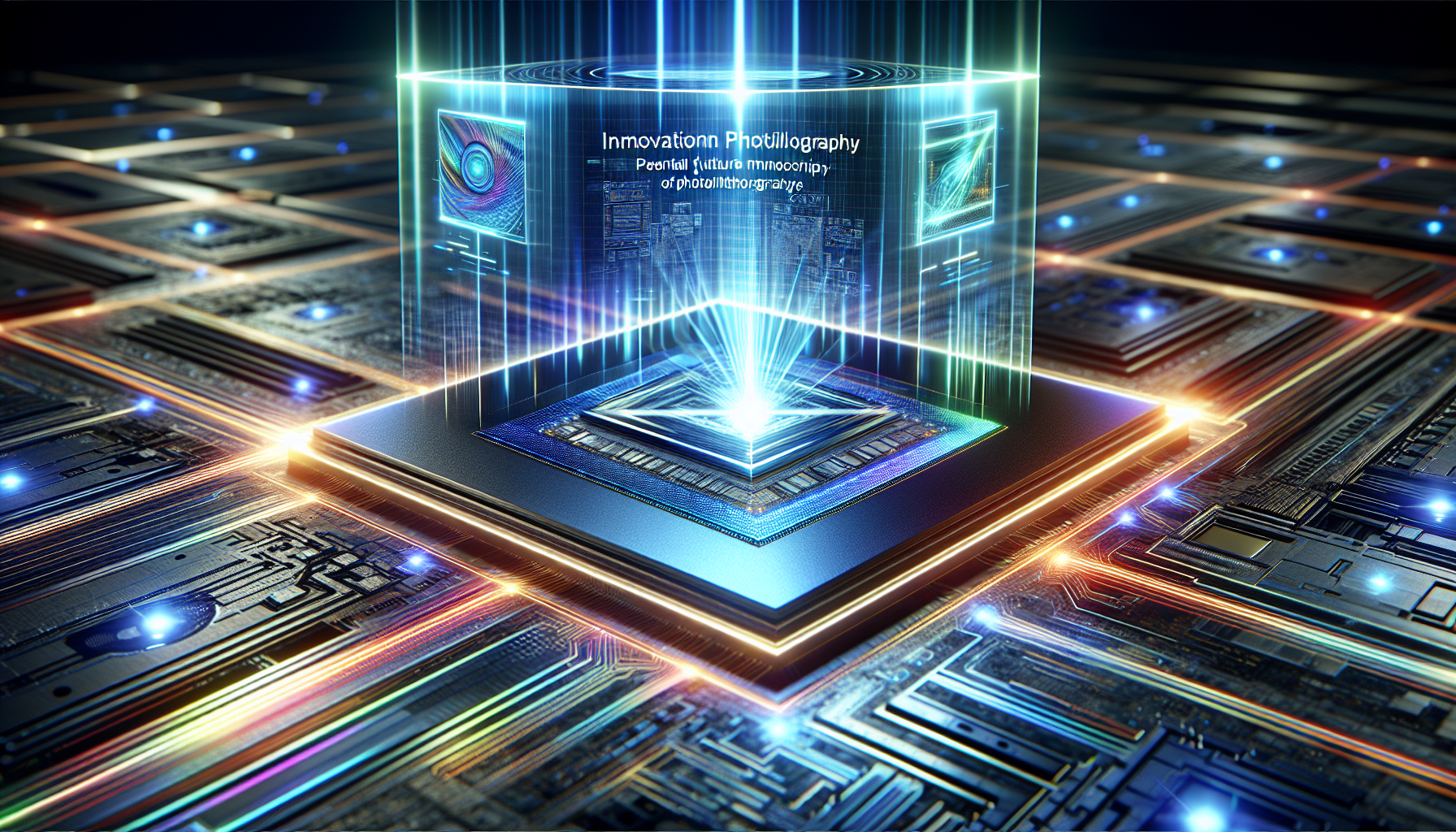 A futuristic illustration of innovations in photolithography, highlighting new light sources and materials.