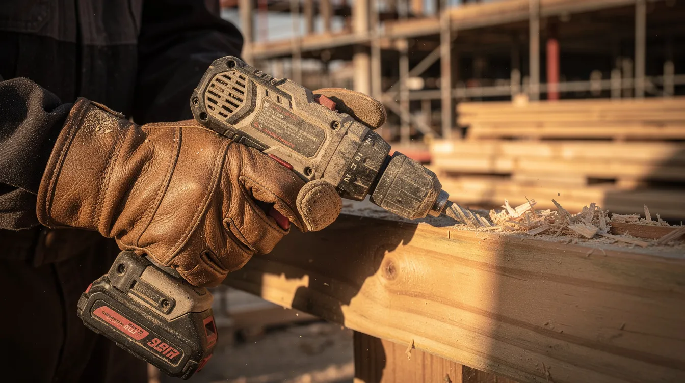 A close-up view of a construction worker's gloved hands firmly gripping a power tool, showcasing the focus and precision required on a job site. This image highlights the importance of safety and proper equipment, relevant for discussions on workplace injuries and workers compensation benefits.