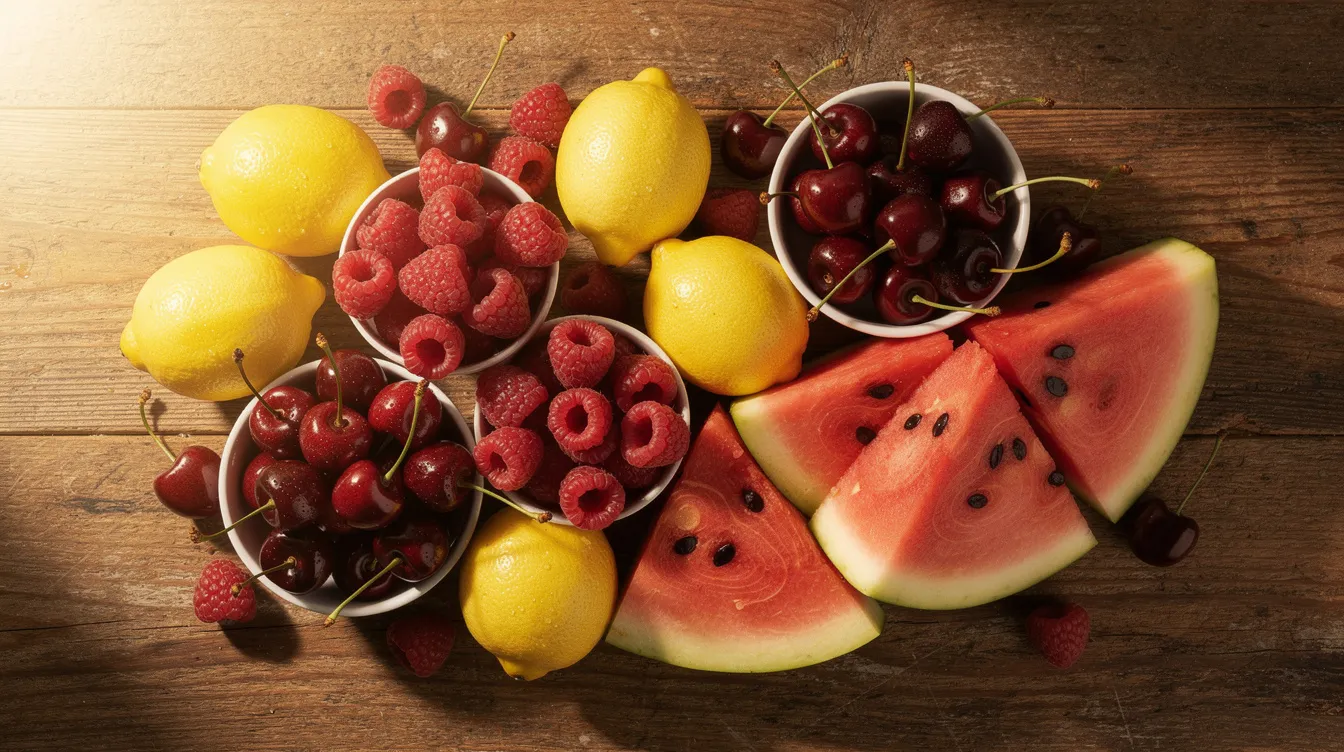 A vibrant display of fresh fruits, including bright yellow lemons, deep red raspberries, shiny cherries, and juicy watermelon slices, is arranged artistically on a rustic wooden table. This colorful blend not only looks appetizing but also evokes a sense of natural flavors, reminiscent of the delicious taste found in electrolyte drinks like Ultima Replenisher.