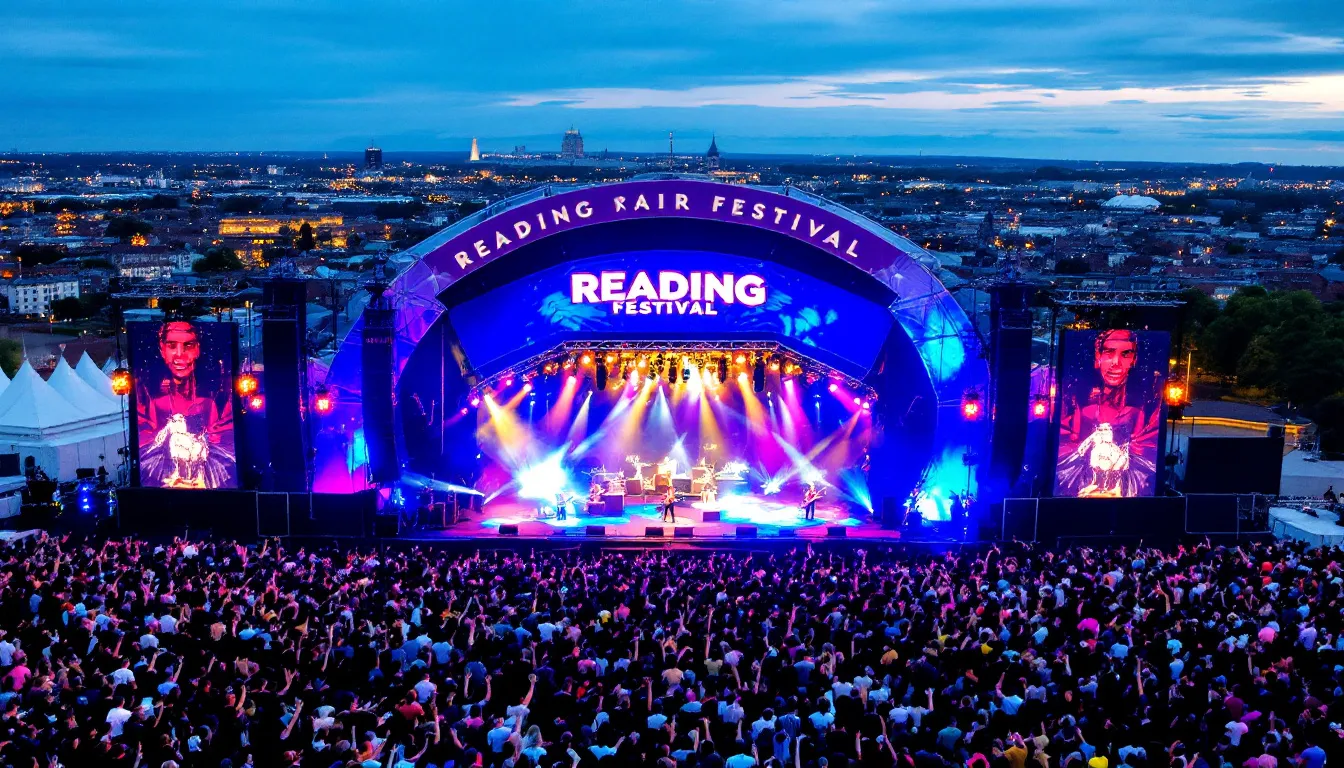 The image depicts a lively scene at the Reading Festival's main stage, filled with a diverse crowd enjoying performances, highlighting Reading's cultural significance as one of the best places to live in the UK. The vibrant atmosphere showcases the town's community spirit and entertainment options, making it a fantastic place for residents and visitors alike.