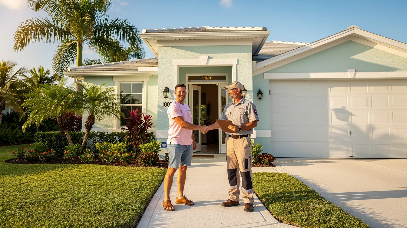 A homeowner is smiling and shaking hands with a contractor at the front door of a Florida home, symbolizing a successful partnership in the contracting business. This image reflects the importance of local SEO services and effective contractor marketing in generating qualified leads and enhancing visibility in local search results.