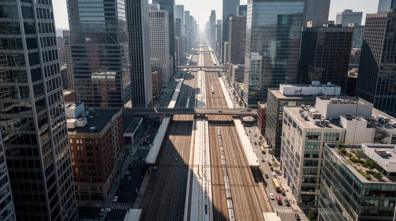 An aerial view showcases a wide urban rail corridor slicing through the dense downtown Toronto cityscape, flanked by towering skyscrapers and highlighting the future development of the rail deck park, which aims to create more than two acres of world-class public space and community amenities. The image captures the vibrant intersection of urban life, with visible retail spaces and the promise of an active rail corridor that will transform the neighborhood.