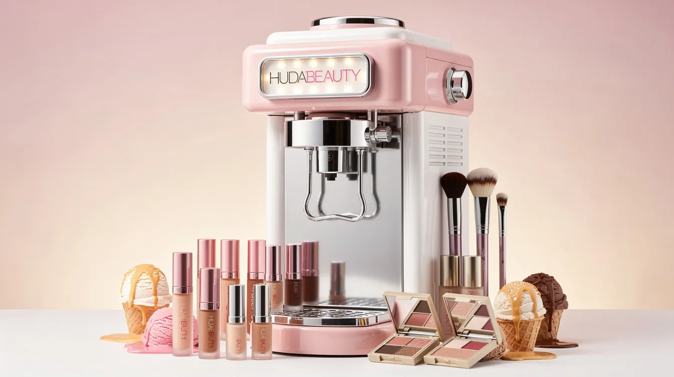 The image features a luxurious Huda Beauty PR package designed to resemble an ice cream machine, showcasing vibrant colors and custom branding elements. The packaging, made from premium corrugated cardboard, emphasizes brand visibility and creates a memorable unboxing experience for influencers and media outlets.