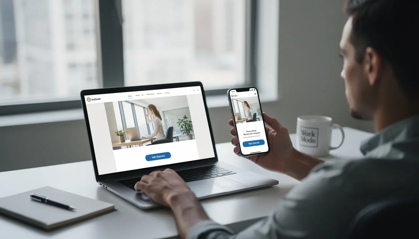A person is reviewing a website on both a laptop and a mobile phone, highlighting the importance of responsive design in the web design process. This scene emphasizes the need for a good web design agency that can ensure seamless user experience across different devices.