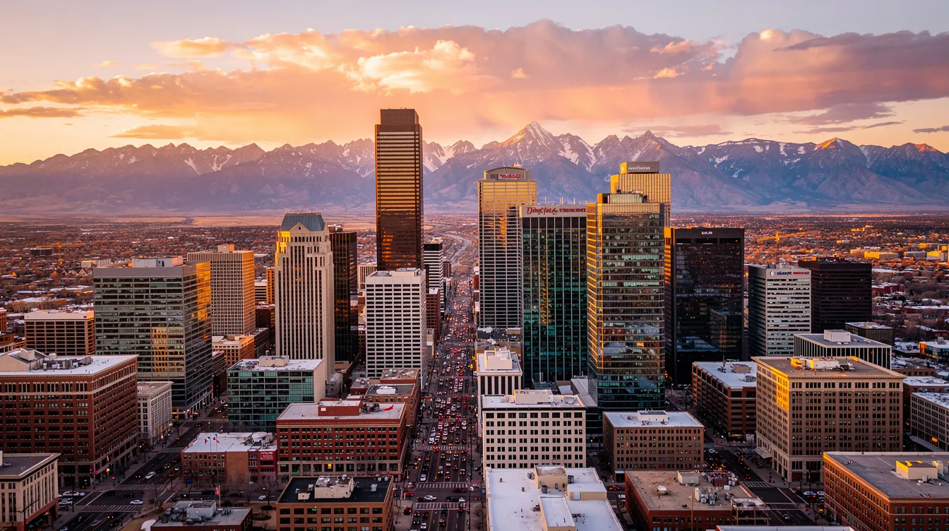 An aerial view of downtown Denver showcases the vibrant skyline at sunset, with stunning mountain views in the background, capturing the natural beauty of the Mile High City. This picturesque scene is ideal for corporate events, team building activities, and unforgettable experiences in the Denver metro area.