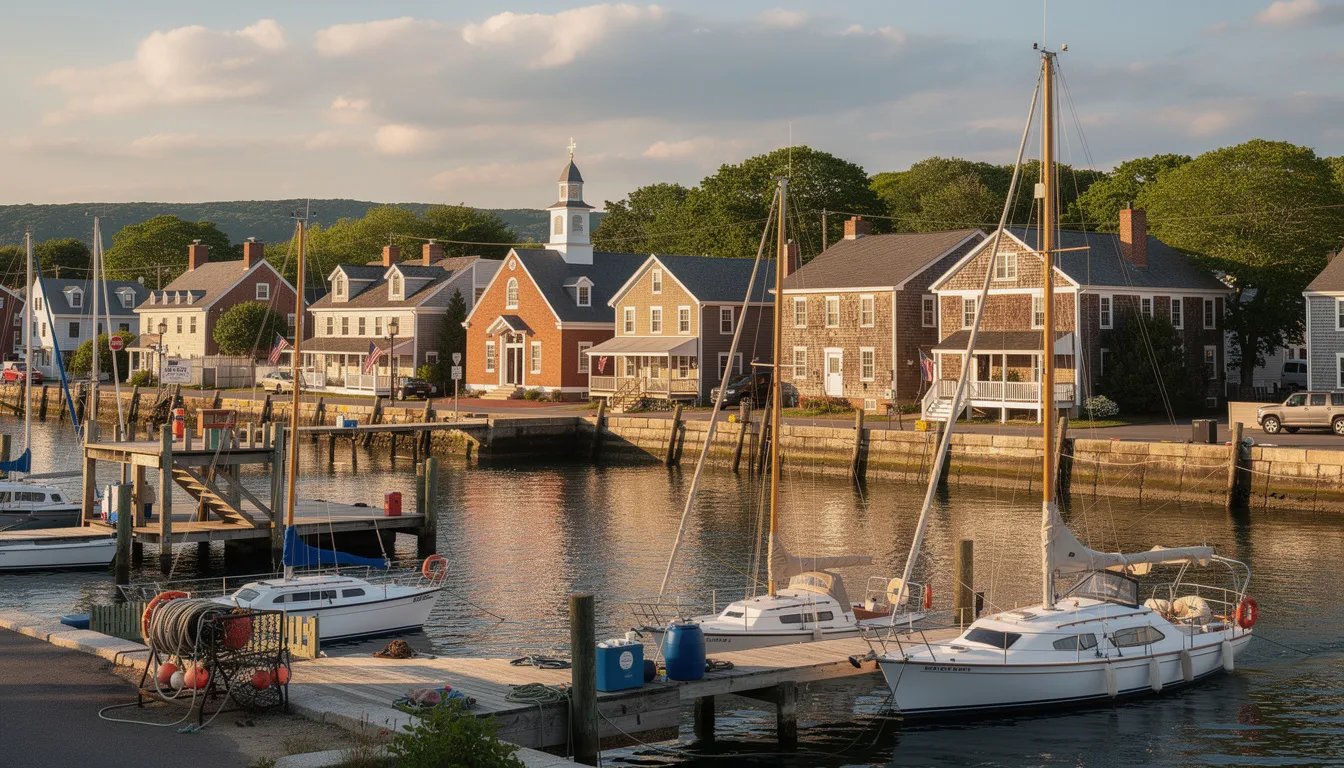 The image showcases a picturesque New England coastal town featuring a bustling marina filled with sailboats and charming historic buildings lining the waterfront. This scenic view highlights the unique features of the community, making it an attractive location for potential buyers interested in Connecticut real estate.
