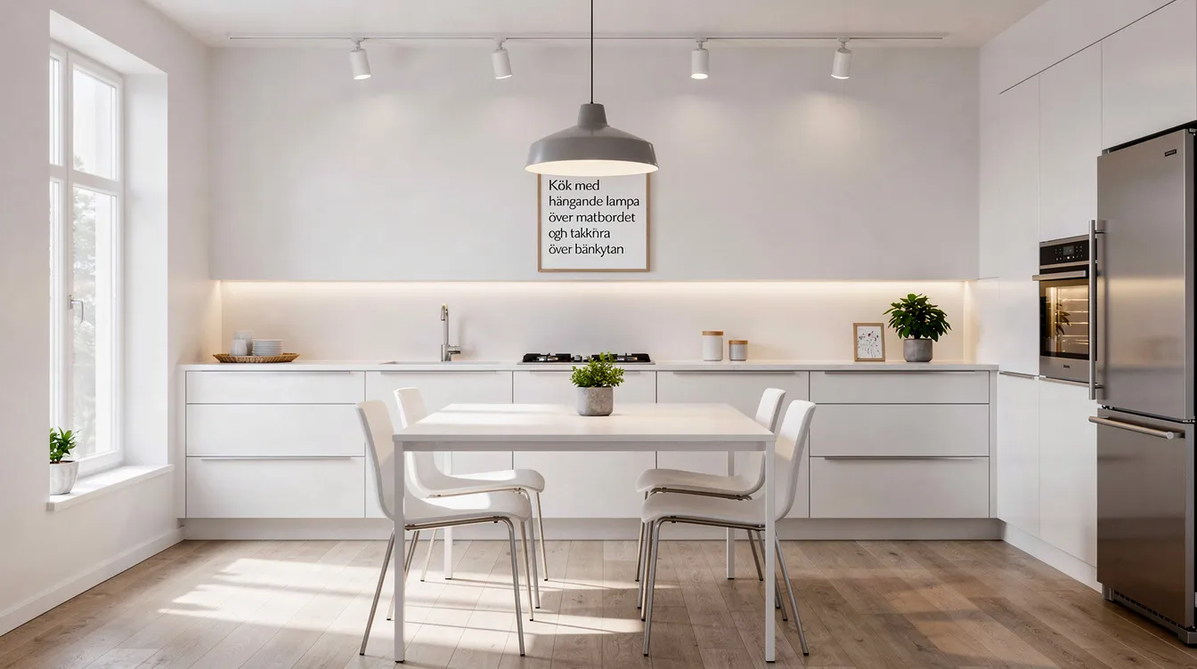 Ett kök med en hängande lampa över matbordet som skapar en mysig atmosfär, samt taknära spotlights över bänkytan som sprider ljuset jämnt. Lamporna bidrar till en modern inredning och passar perfekt i rummet med lågt i tak.