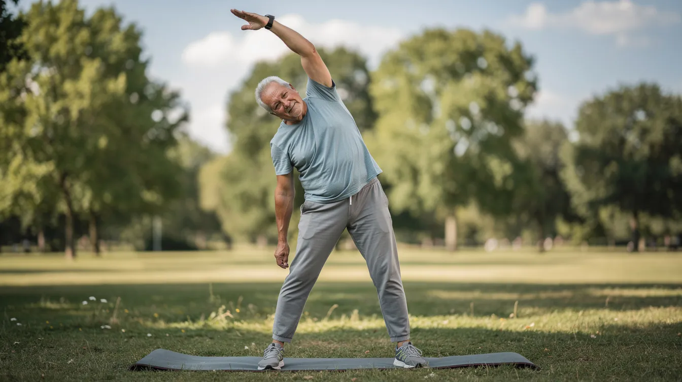 An older adult is seen stretching outdoors in natural light, promoting muscle health and flexibility. This image highlights the importance of physical activity for healthy aging and improved mitochondrial function.