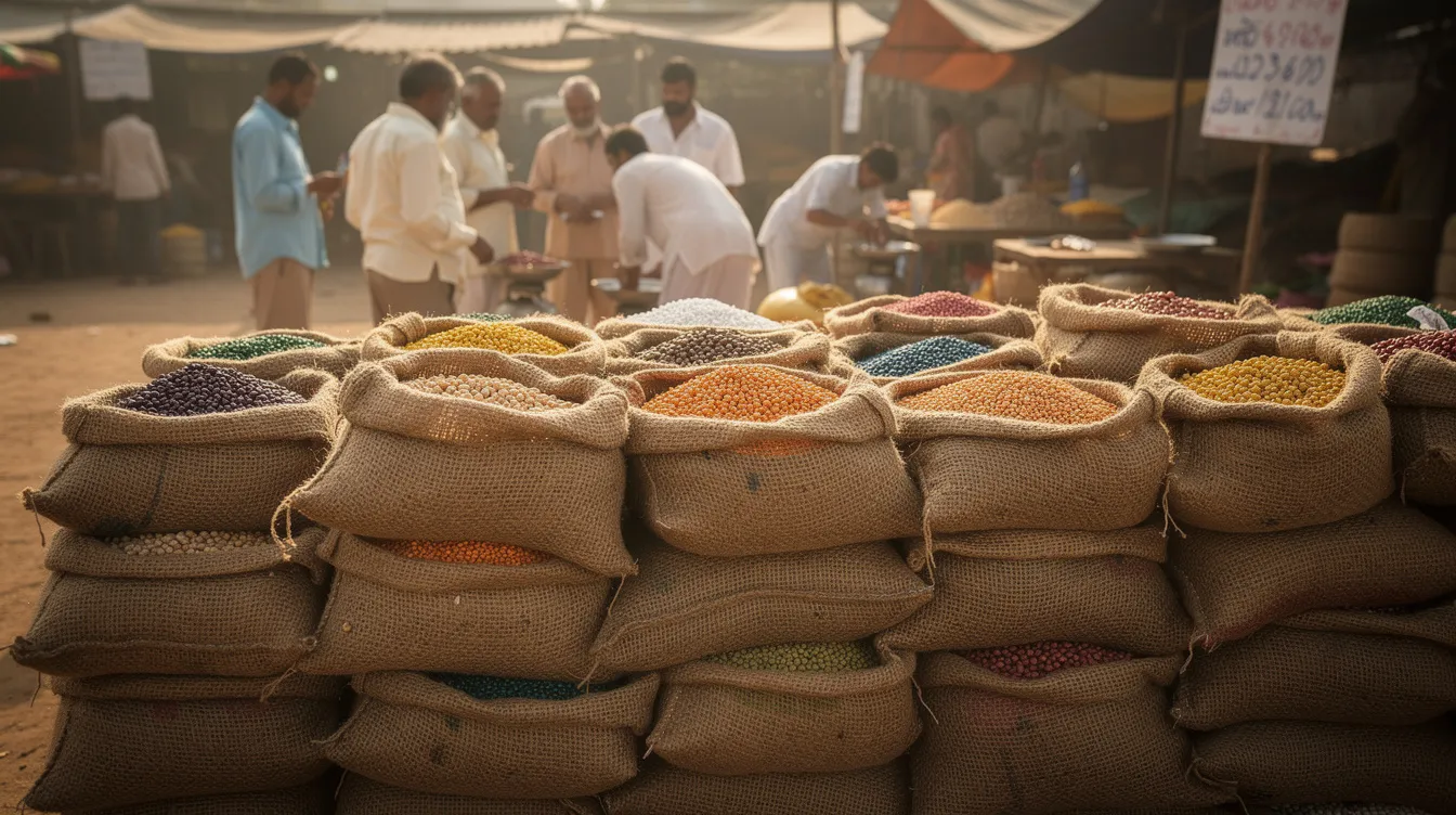 The image shows a vibrant Indian grain market where stacked jute sacks filled with whole pulses are prominently displayed, with traders engaged in discussions in the background. This scene highlights the importance of pulse processing and the thriving dal mill businesses that cater to the growing demand for high-quality dal in local markets.