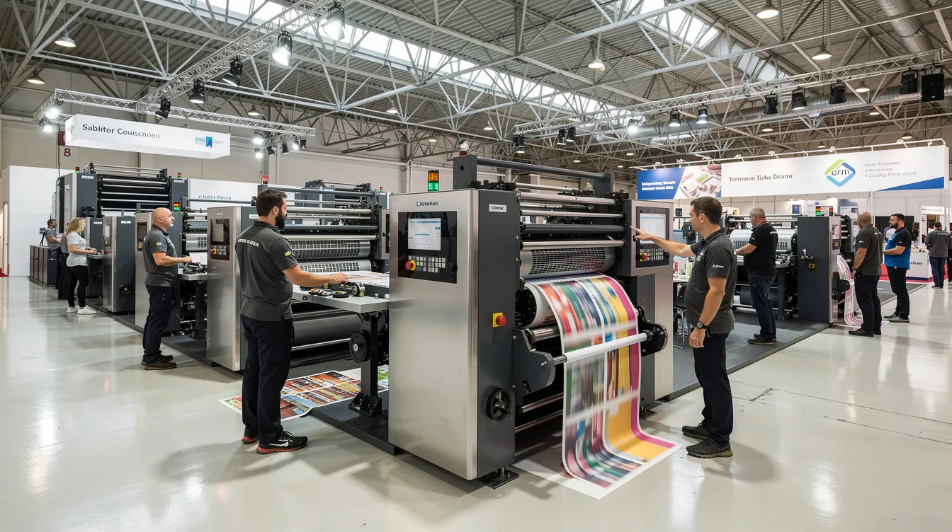 Na hali targowej, podczas międzynarodowych targów reklamy, prezentowane są duże przemysłowe maszyny drukarskie, z operatorami demonstrującymi ich działanie. W tle widać przedstawicieli branży, którzy oglądają najnowsze technologie i innowacyjne rozwiązania w poligrafii reklamowej.
