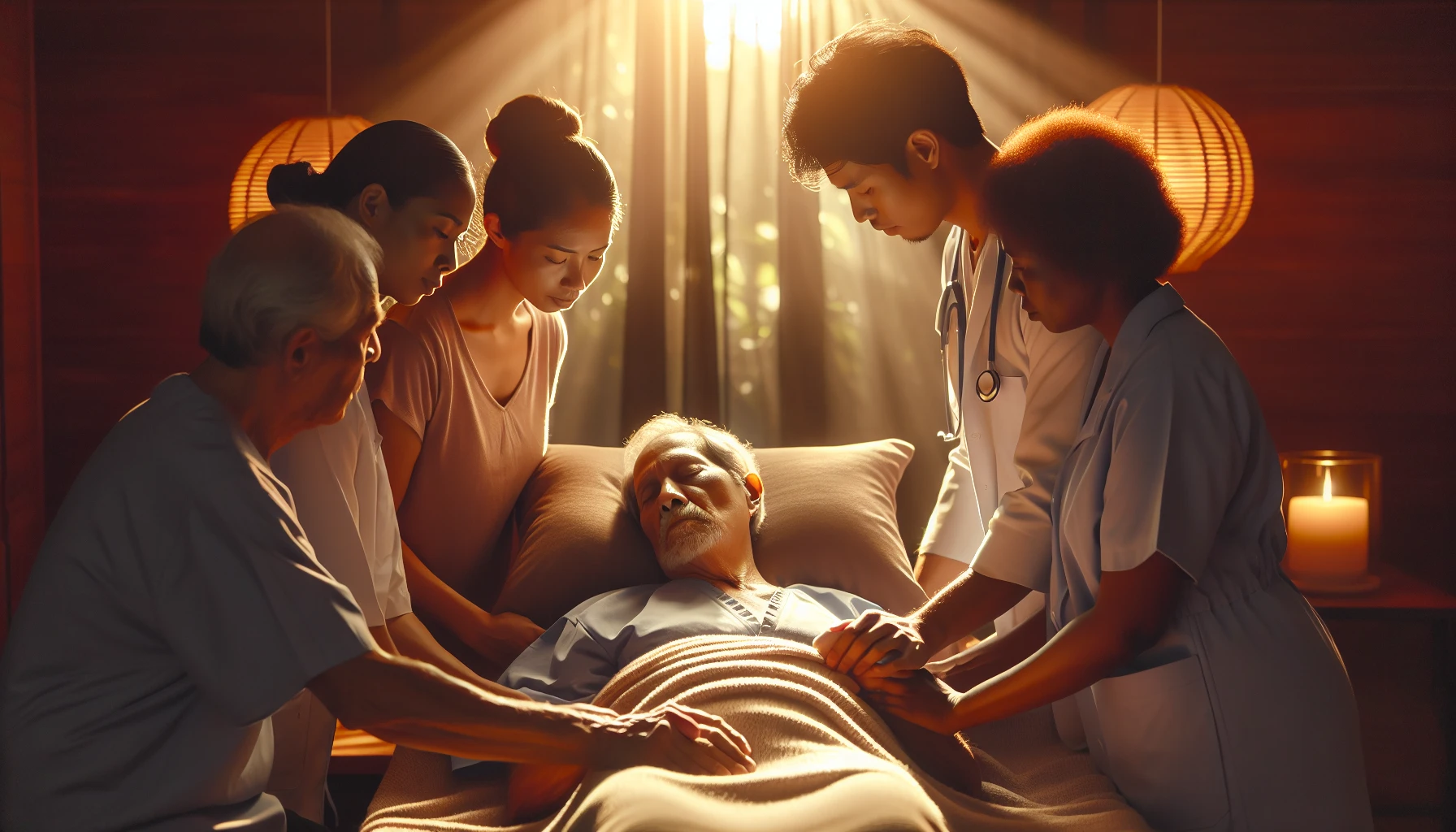 Illustration of a palliative care team supporting a patient and family