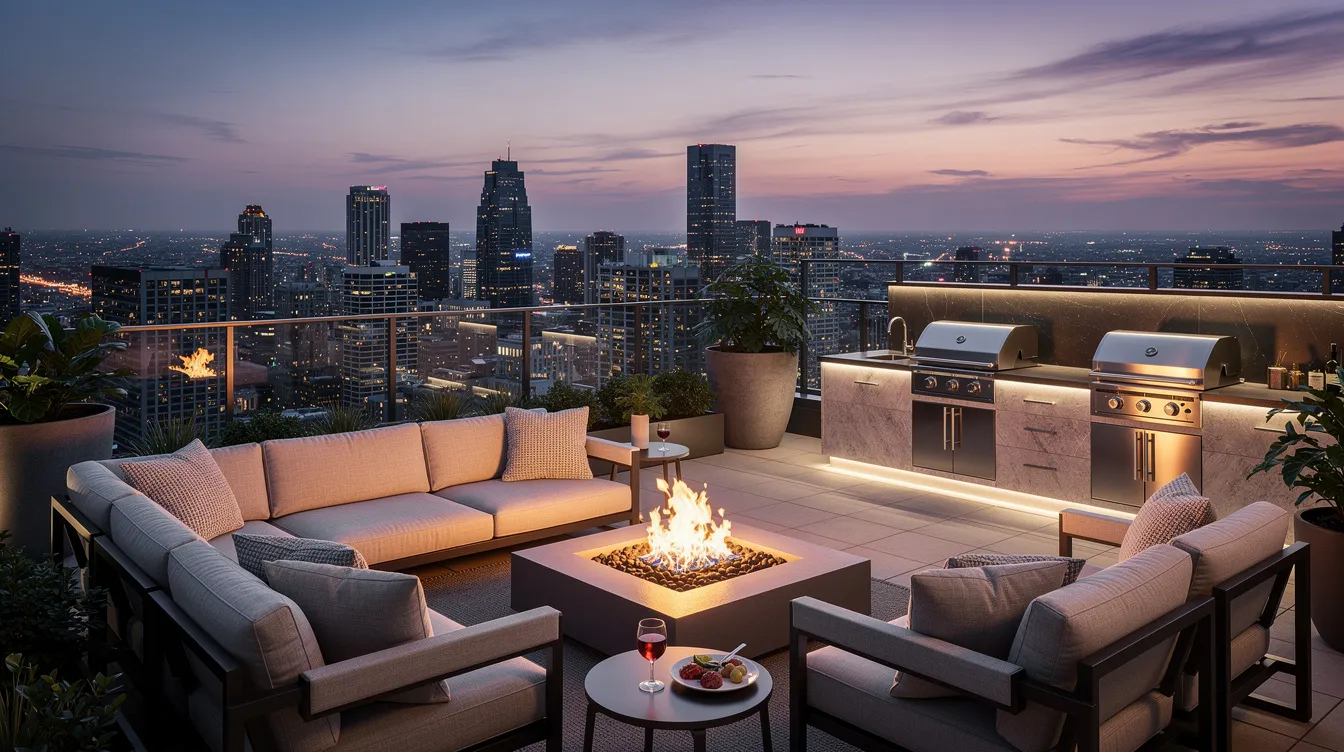 The image shows an inviting outdoor rooftop terrace featuring comfortable lounge furniture and BBQ grills, offering a stunning view of the Toronto city skyline at dusk. This luxurious space is perfect for residents to enjoy summer sunsets while relaxing or entertaining guests.