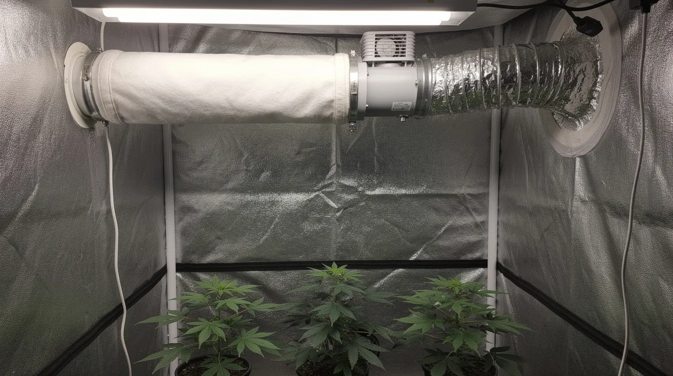 The image shows an inline fan and carbon filter setup inside a grow tent, complete with ducting for air circulation. This efficient system is designed to maintain optimal temperature and humidity for healthier plants, enhancing their growth from seed to harvest.