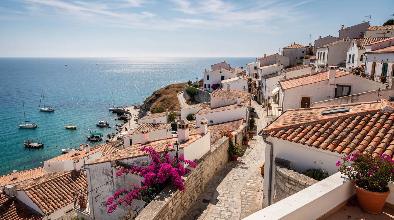 The image depicts a picturesque Mediterranean coastal town, characterized by its sun-drenched white buildings and terracotta rooftops, which overlook the sparkling turquoise waters of the Mediterranean Sea. This vibrant scene reflects the relaxed lifestyle and rich culture often found in Spanish cities along the Costa del Sol.