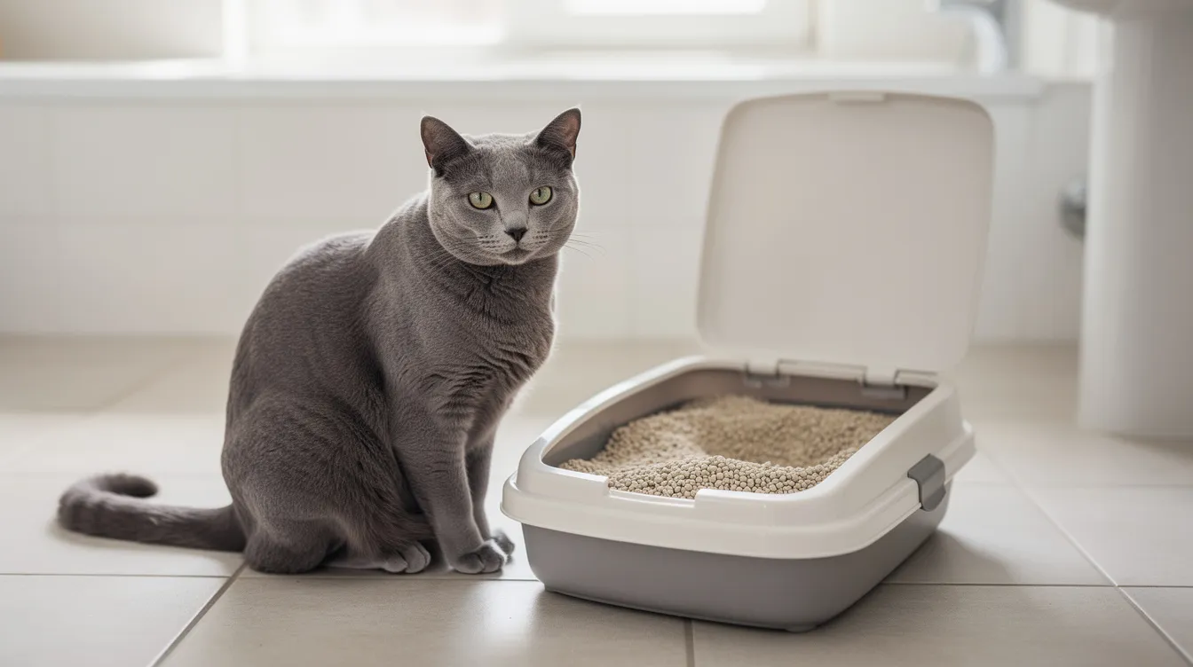 A calm gray cat is sitting next to a clean open litter box filled with clay cat litter on a tiled floor in a well-lit bathroom, providing a serene atmosphere for both the cat and its owners. The litter box appears to be designed for easy scooping and odor control, ensuring the cat's comfort and well-being.