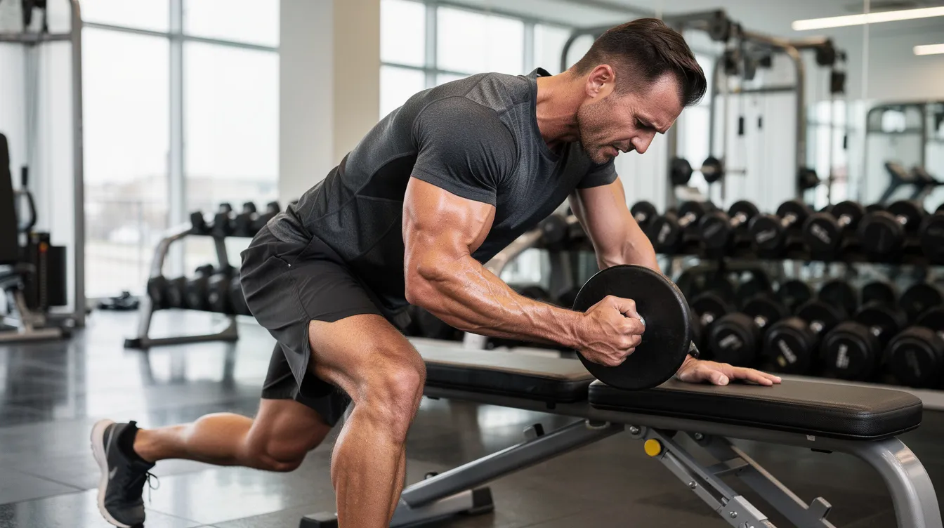 The image shows a man in his late 30s engaged in a dumbbell row exercise in a modern gym, focusing on building lean muscle and enhancing overall health. The setting reflects a commitment to fitness, which can support natural testosterone production and promote a healthy hormone balance.