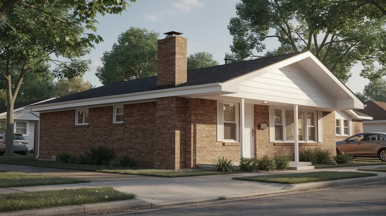 The image shows an exterior view of a 1970s brick bungalow, featuring a roofline with aluminum soffits and a masonry chimney, set against a tree-lined street. This charming home may require wildlife removal services to address potential bat infestations, as bats can pose health risks and contaminate attic insulation.