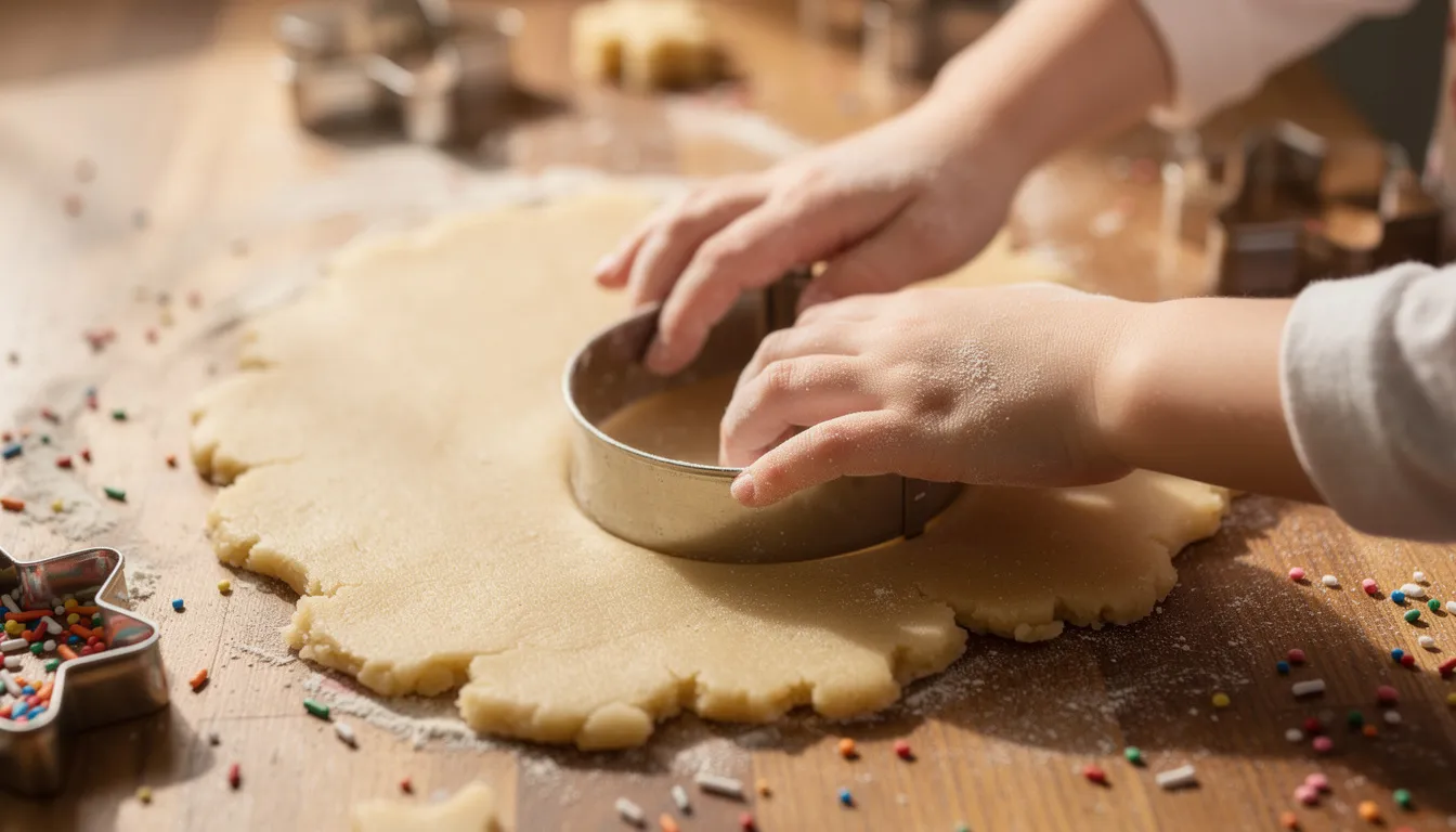A child's small hands are pressing a cookie cutter shaped like a Christmas tree into a sheet of rolled sugar cookie dough, surrounded by festive sprinkles and the sweet aroma of holiday baking traditions. This moment captures the joy of creating delicious Christmas cookies, perfect for sharing with loved ones during the holiday season.