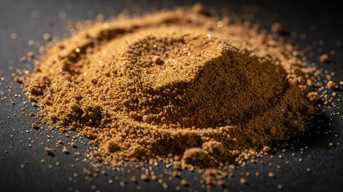 The image shows a golden, sandy hash powder texture on a dark surface, reflecting the purity and quality of cannabis extracts such as Static Hash or hashish. The fine particles indicate a carefully processed cannabis concentrate that is rich in trichomes and cannabinoids.