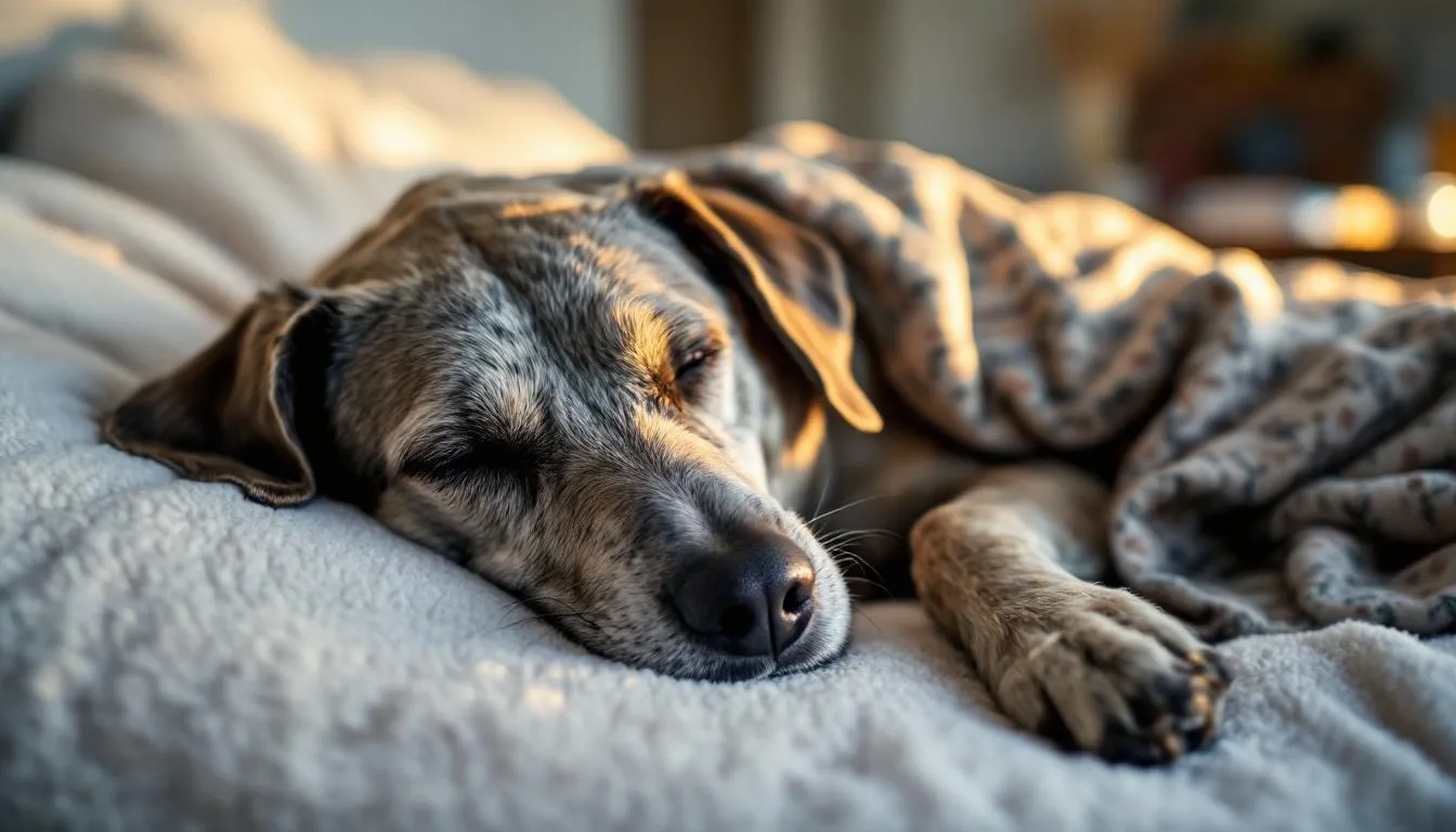 A senior dog is peacefully resting on soft bedding, appearing comfortable during its recovery from vestibular disease. The dog