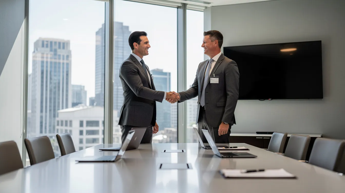 The image depicts two business professionals shaking hands in a modern conference room with large windows showcasing a city skyline. This scene reflects a successful partnership and the potential for future collaboration in areas such as judgment enforcement and debt collection.