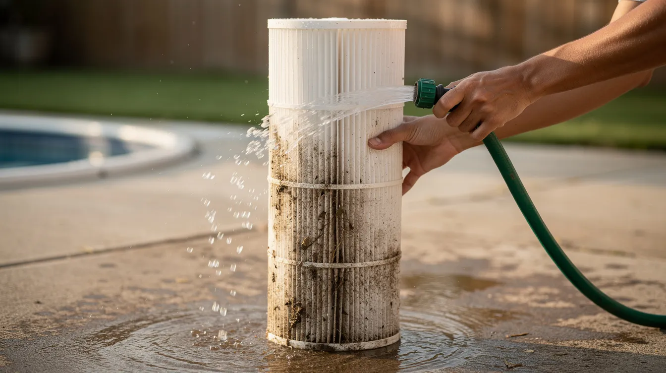 A person is outdoors rinsing a pleated pool filter cartridge with a garden hose, ensuring the filter media is clean to maintain the swimming pool's filtration system. The action helps remove dirt and debris, promoting water clarity and optimal filtration efficiency for the pool.