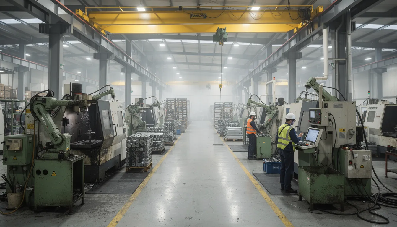 The image depicts heavy machinery and manufacturing equipment within a spacious industrial facility, showcasing the essential tools used by small business owners in the manufacturing sector. This environment highlights the importance of accurate and detailed records for business tax planning strategies, which can help reduce taxable income and manage tax liability effectively.