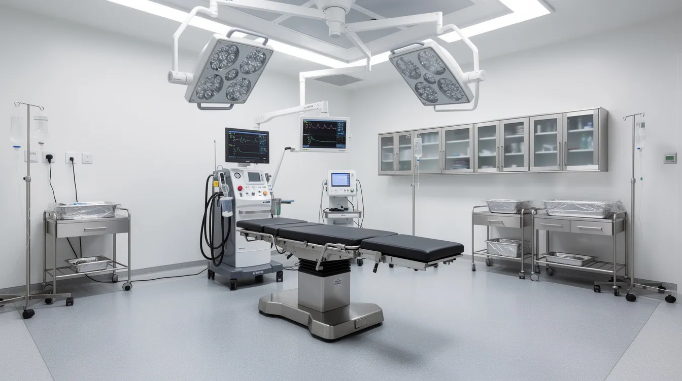 The image depicts the interior of a modern operating theatre, featuring bright surgical lights, an operating table equipped with various surgical instruments, and advanced monitoring equipment like ECG machines and pulse oximeters. This healthcare facility is designed for precision and efficiency in performing surgeries and ensuring the safety of patients through comprehensive medical equipment.