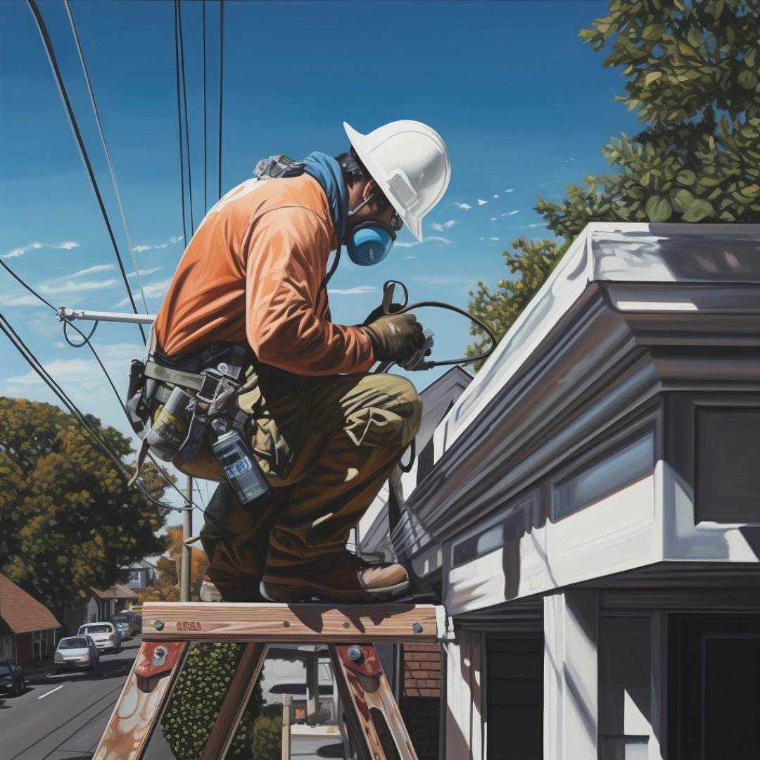 A person wearing safety gear while painting a gutter