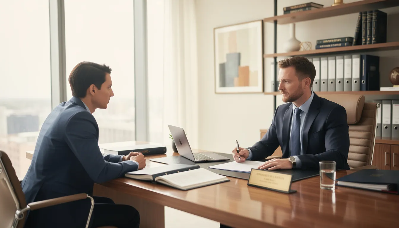 The image depicts an attorney meeting with a client in a professional office setting, where they discuss the details of a workers compensation claim. The atmosphere is serious yet supportive, as the attorney provides legal guidance on navigating Colorado workers compensation laws and the client's rights as an injured worker.