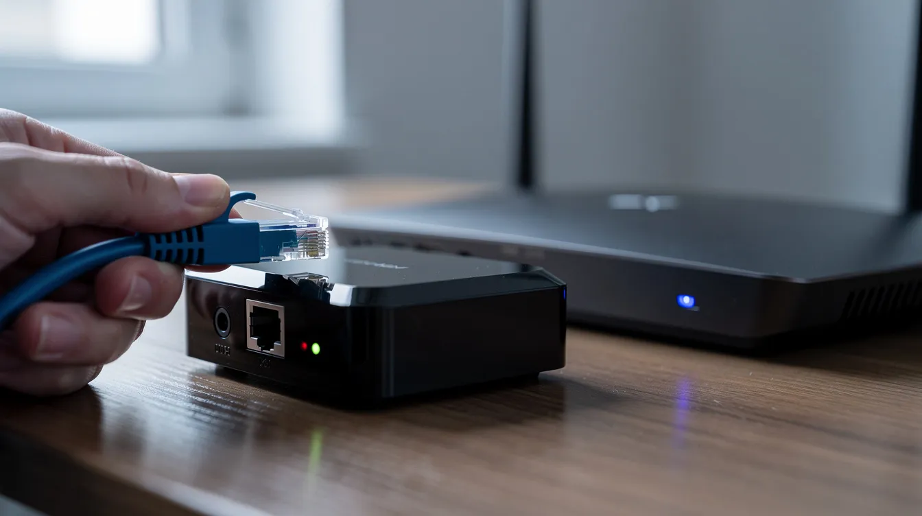 A close-up view shows an ethernet cable being plugged into the back of a streaming device, positioned next to a router. This wired ethernet connection is essential for stable internet access, enhancing the streaming quality of IPTV services and allowing users to watch live TV channels seamlessly.