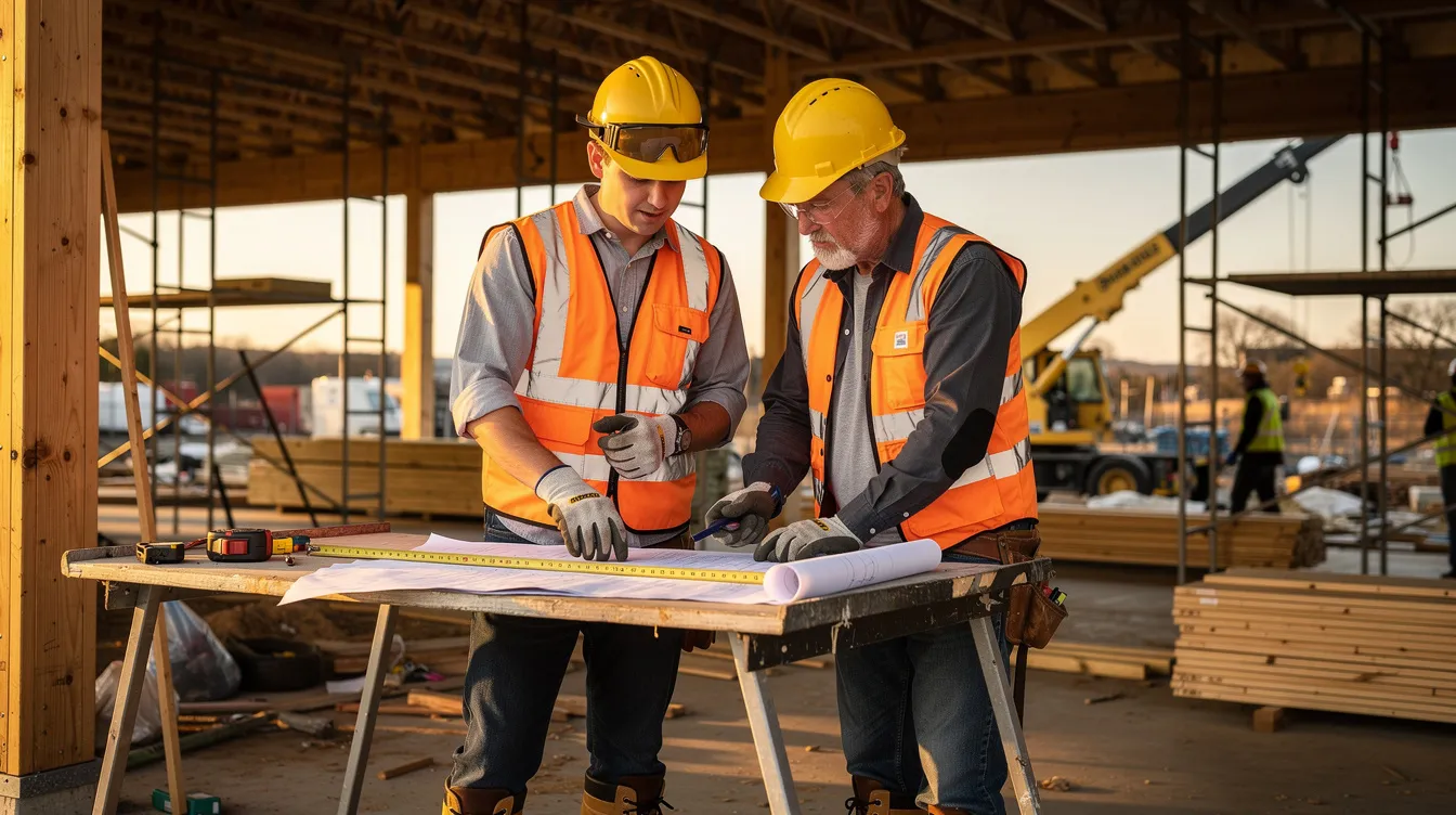 A young construction apprentice, equipped with safety gear, is actively collaborating with a mentor on a job site, learning essential skills and processes for compliance in the construction industry. This hands-on experience is crucial for understanding regulations and ensuring full compliance with labor laws and wage standards.