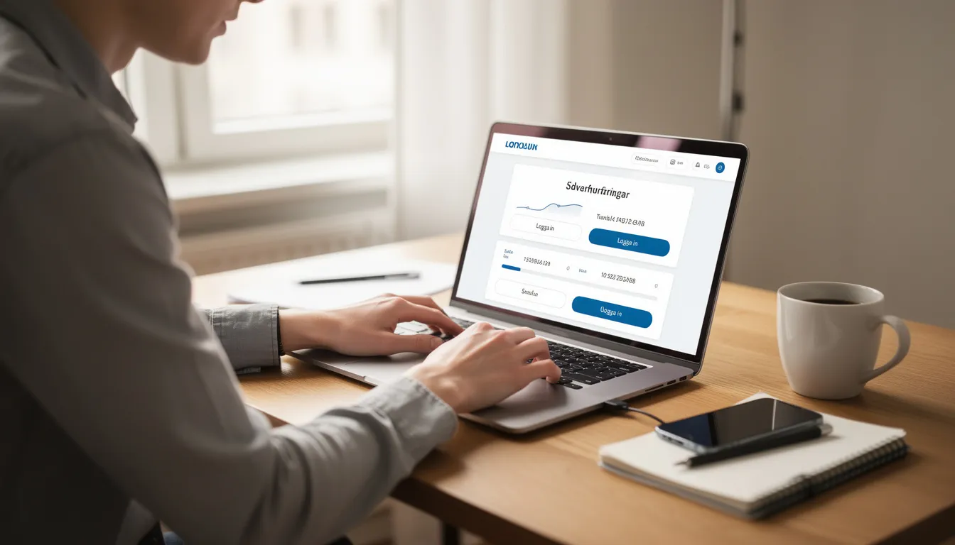 En person sitter vid ett bord och använder en laptop för att logga in på sin onlinebanktjänst, där de hanterar insättningar och uttag via ett neteller konto. Skärmen visar en webbplats för ett casino online, vilket indikerar att de är intresserade av att spela och göra insättningar.