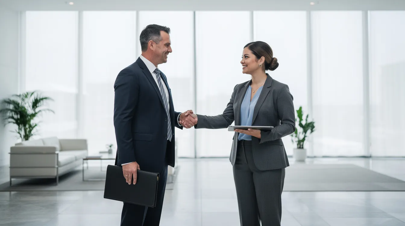 The image depicts two business professionals shaking hands in a bright, modern office lobby, symbolizing strong corporate governance and successful partnerships between public and private companies. This moment reflects the importance of collaboration in corporate law and the fostering of trust in business relationships.