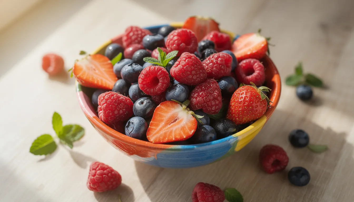 The image features a vibrant bowl filled with an assortment of mixed berries, including juicy blueberries, tart raspberries, and sweet strawberries. These nutrient-rich fruits are not only delicious but also support brain health and cognitive function, making them a great addition to a healthy diet.