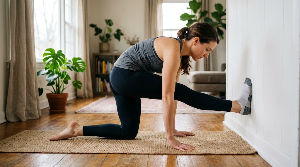 Woman performing a kneeling calf stretch against a wall at home