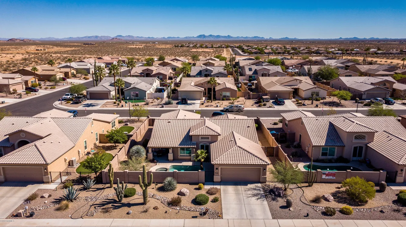 An aerial view captures a sunny suburban neighborhood in Phoenix, Arizona, showcasing rows of residential homes with desert landscaping. This vibrant community is ideal for homeowners seeking reliable plumbing services and maintenance support from a trusted plumbing company.