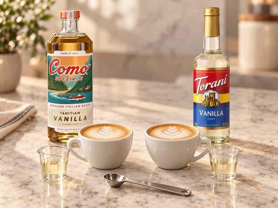 Como Speziale and Torani vanilla bottles behind matching latte cups and measuring utensils.