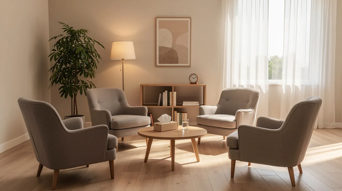 The image depicts a serene therapy room with comfortable chairs arranged in a circle, designed for a family session focused on mental health. This inviting space encourages family members to openly discuss their concerns and seek treatment for emotional distress together.
