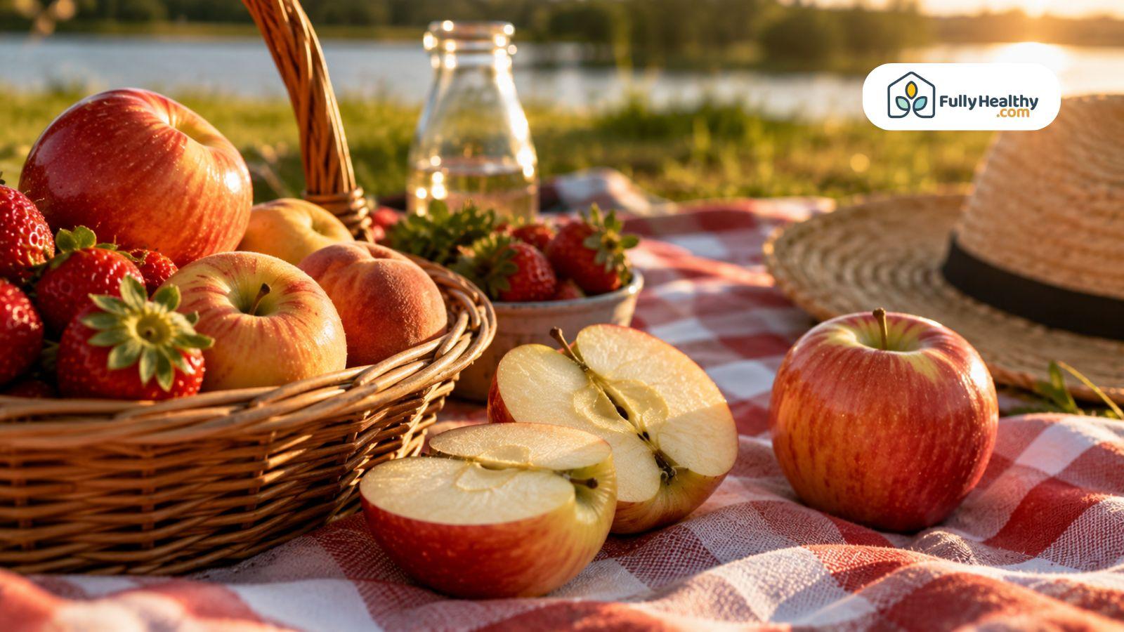 Fresh apples and strawberries on picnic blanket beside peaceful lakeside sunset scene