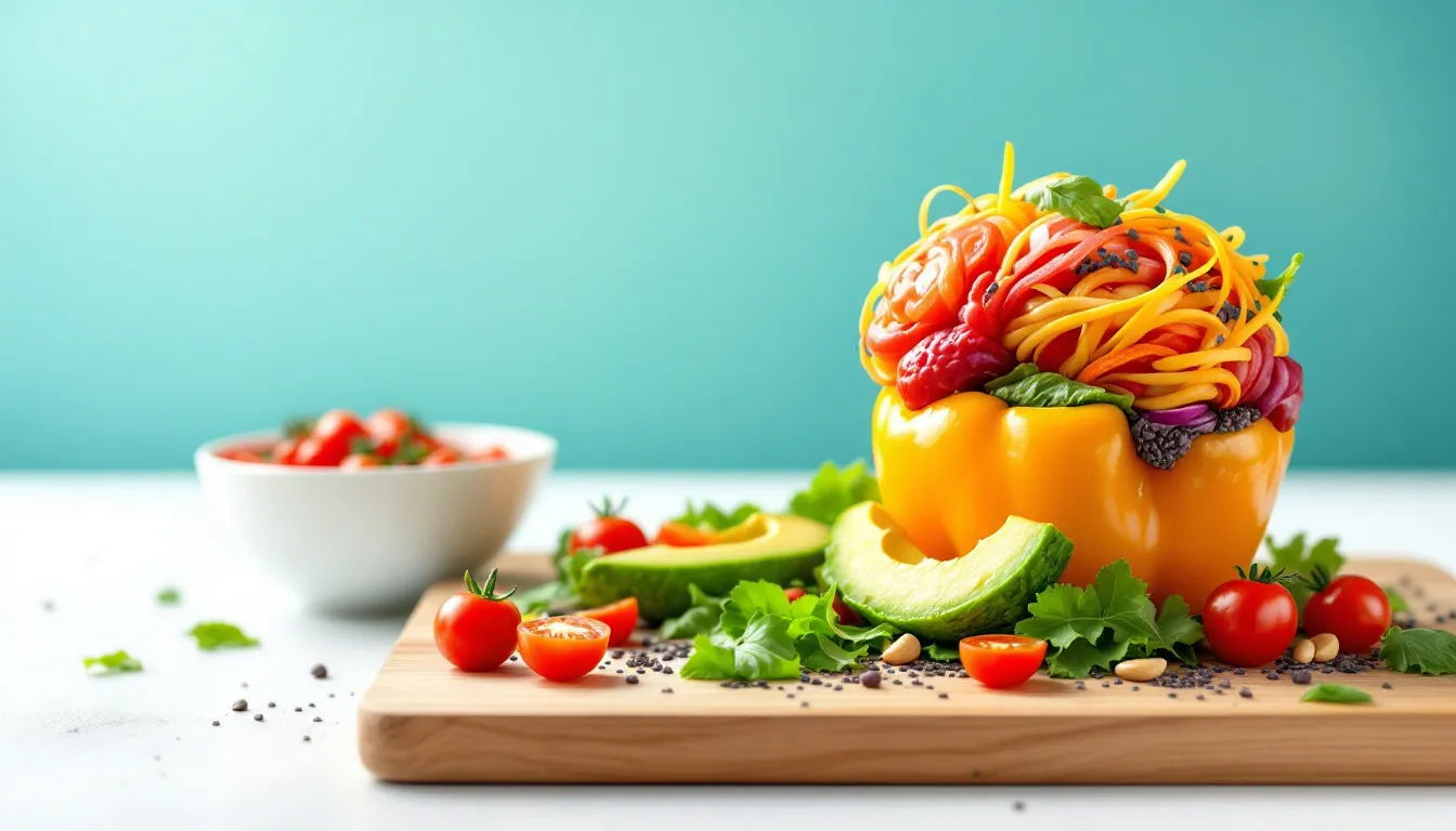 Top Vitamins for Memory: Boost Your Brain Health Today 6 A colorful healthy meal incorporating various brain vitamins and nutrients.