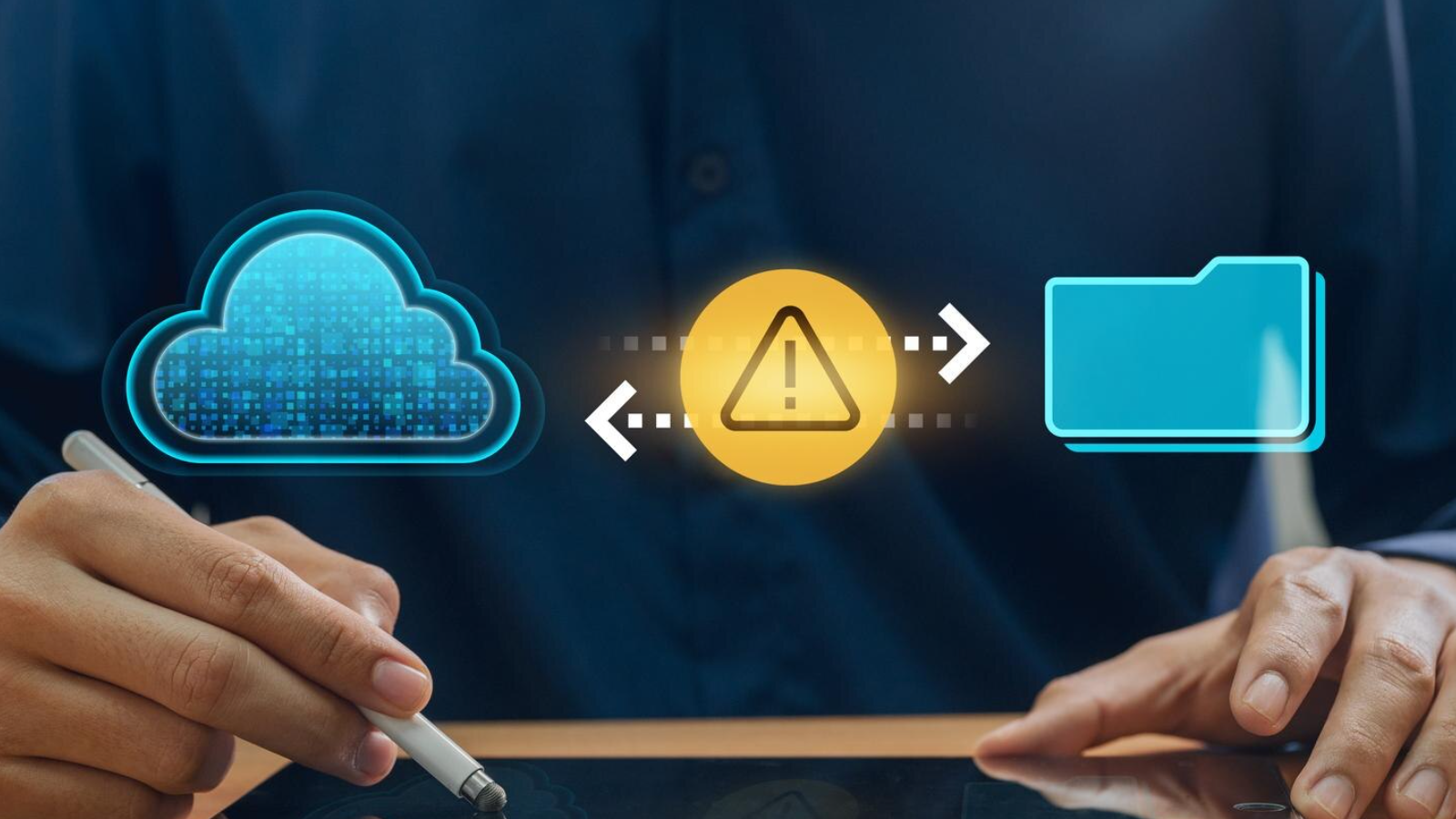 Hands using a tablet with cloud and folder icons separated by a warning symbol, illustrating how distance, form of connection, and poor Fiber optic technology slow enterprise Internet solutions.